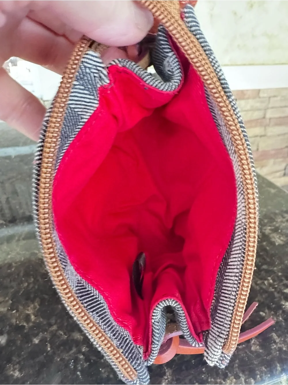 DOONEY & BOURKE ~ Gray Denim Plaid Pouch with Leather Trim and Red Interior